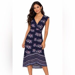 Anthropologie One the Land Floral Midi Dress Navy Boho Open Back Small